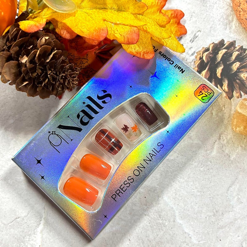 CJDLTS Fall Maple Leaf False Nail Medium Ballet Shaped Thanksgiving Press on Nails Gold Lines Glitter Sequins Design Autumn Stick on Nail Full Cover Artificial Fingernails Festival Glue on Nails for Women - Image 5